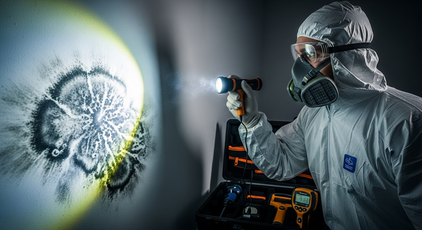 Professional mold inspector examining wall with testing equipment